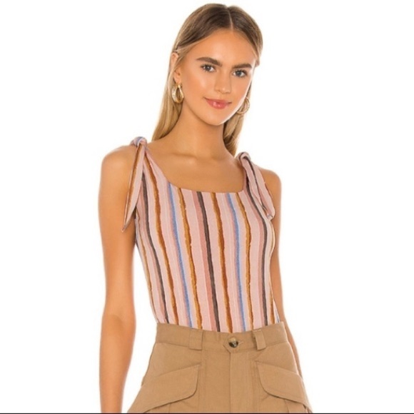 NWT BCBGeneration Revolve Multi Color Striped Tie Shoulder Thong Bodysuit - Picture 5 of 10